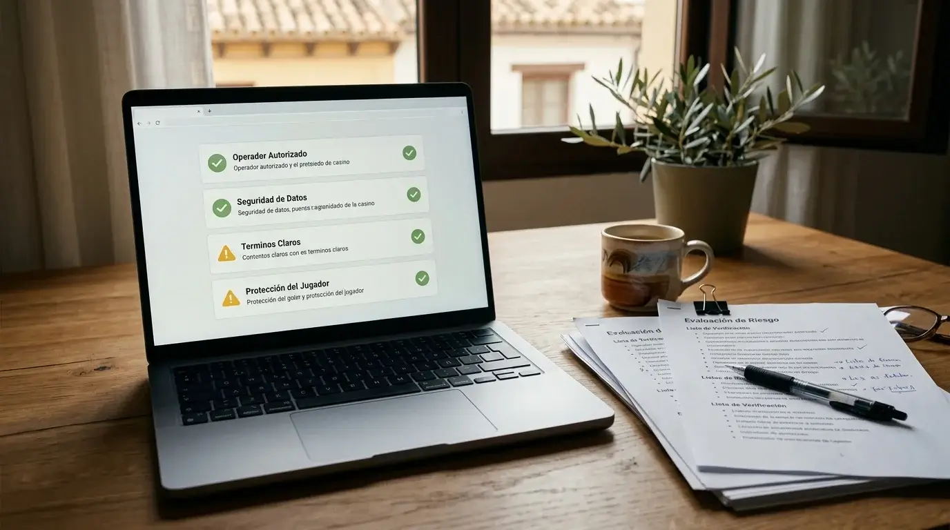Mesa de trabajo con señales de verificación y protección para juego online en España