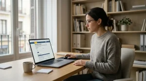Persona revisando una lista oficial de operadores autorizados en un portátil