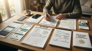 Mesa con notas ordenadas para preparar una reclamación y pedir ayuda responsable