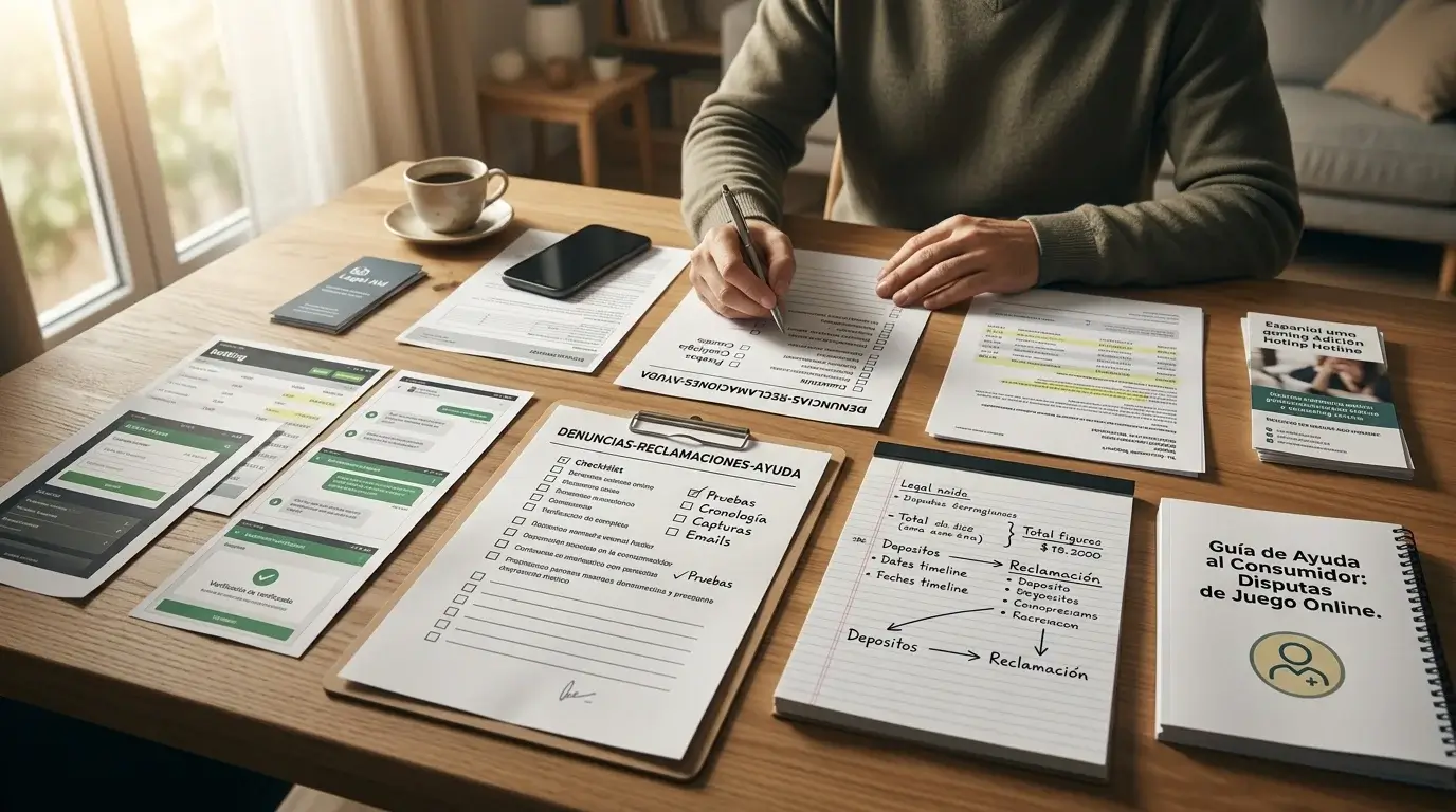 Mesa con notas ordenadas para preparar una reclamación y pedir ayuda responsable
