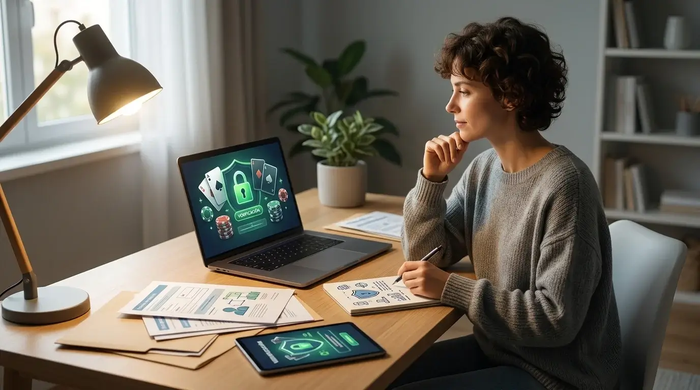Persona revisando documentos de identidad y privacidad antes de registrarse en una web de juego